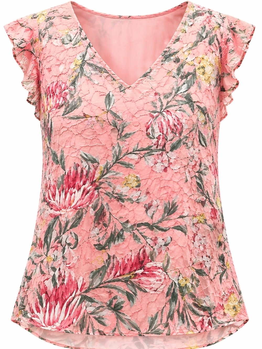 LOFT Pink Floral V-Neck Flutter Sleeve Blouse